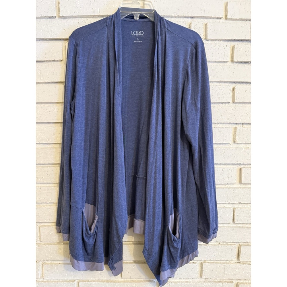 Logo by Lori Goldstein Heathered Knit Open Front Cardigan Blue Size Large